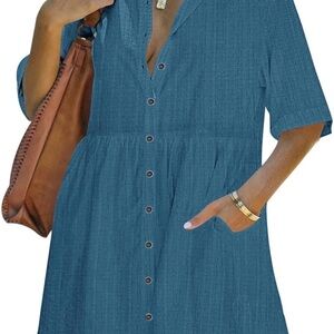 Women's Summer Dress Short Sleeve Tiered Button Down T Shirts Dress